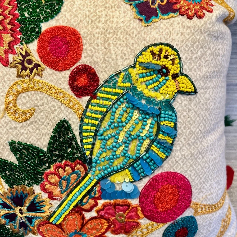 Arhaus Throw Pillow Beaded & Embroidered Bird Flowers GORGEOUS 16x16”